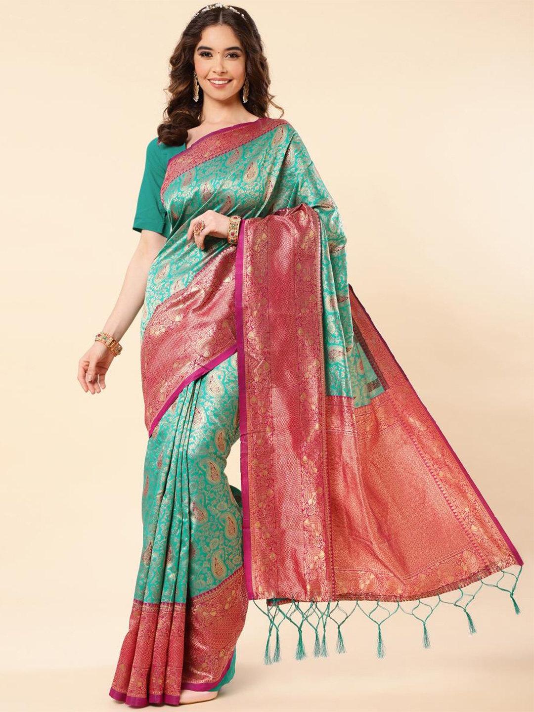

LIMDO Ethnic Motifs Woven Design Pure Silk Banarasi Saree, Sea green