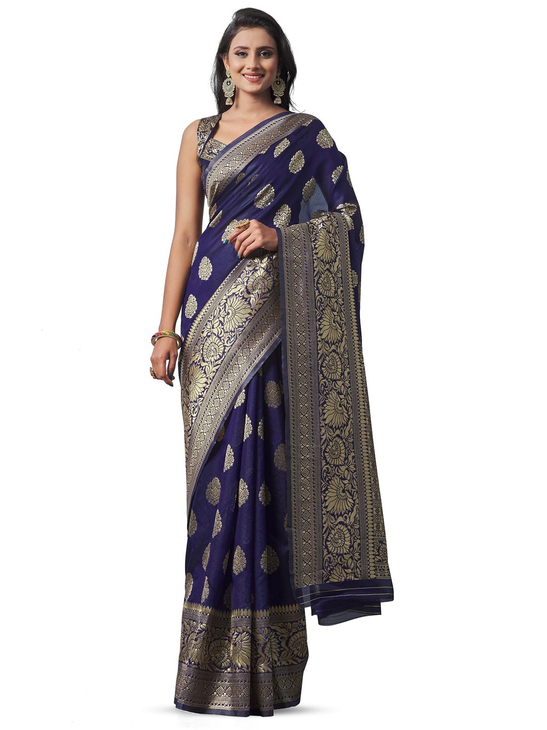 

LIMDO Ethnic Motifs Woven Design Pure Silk Banarasi Saree, Navy blue