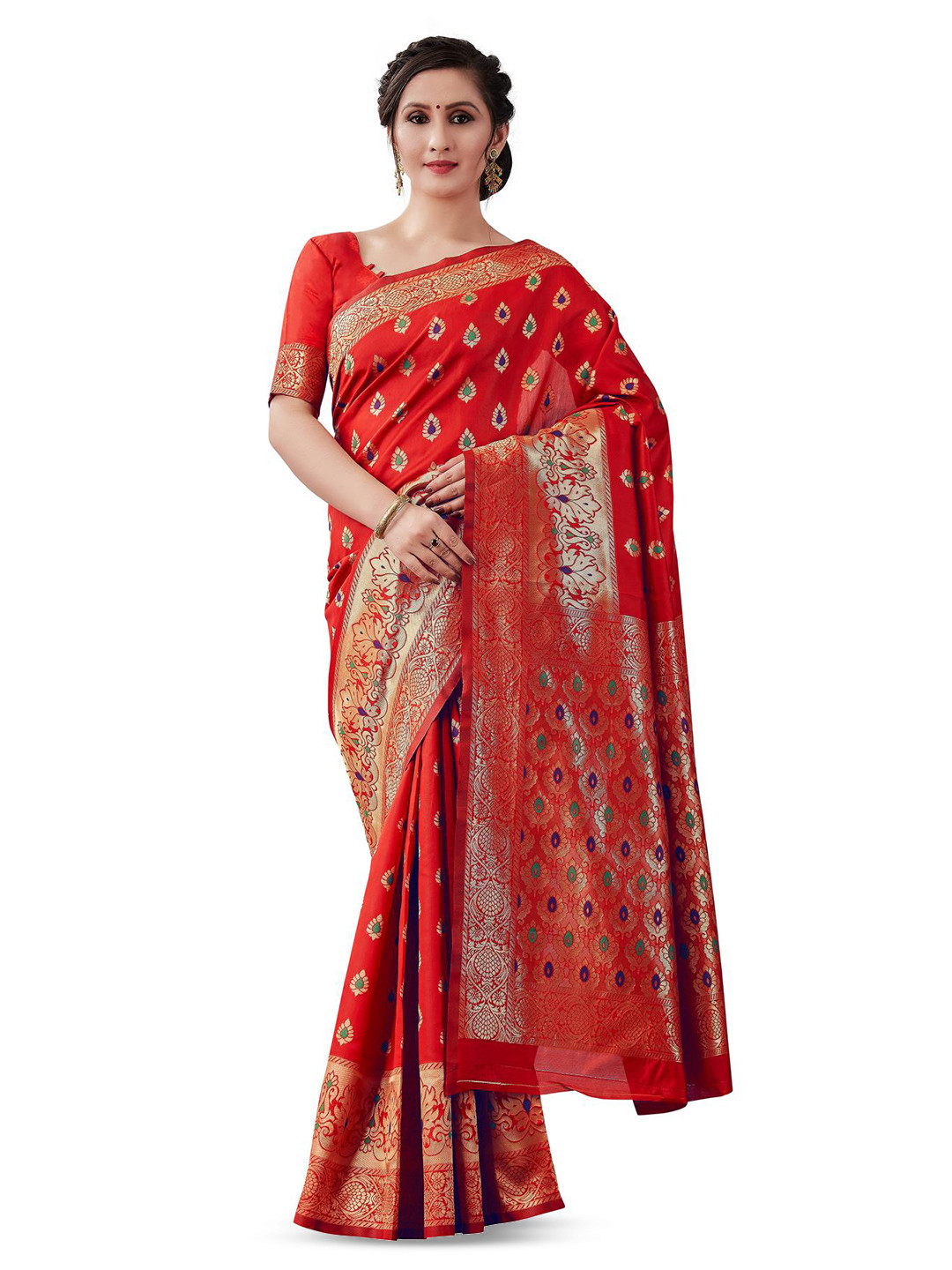 

LIMDO Ethnic Motifs Woven Design Pure Silk Banarasi Saree, Red