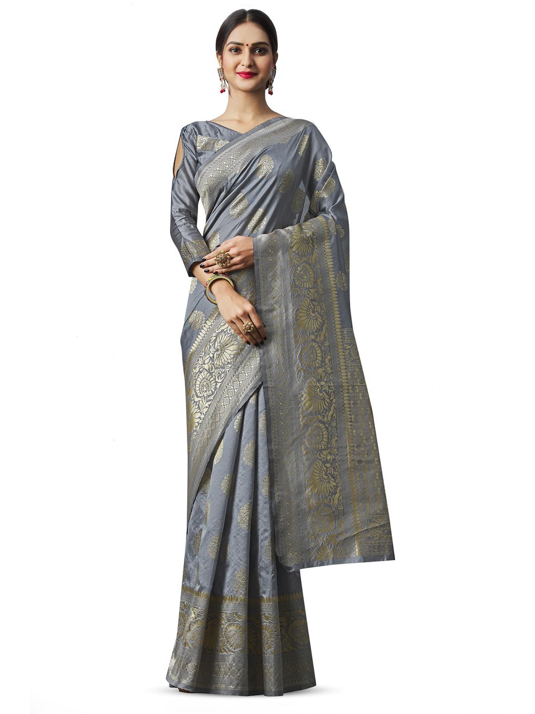 

LIMDO Ethnic Motifs Woven Design Pure Silk Banarasi Saree, Grey