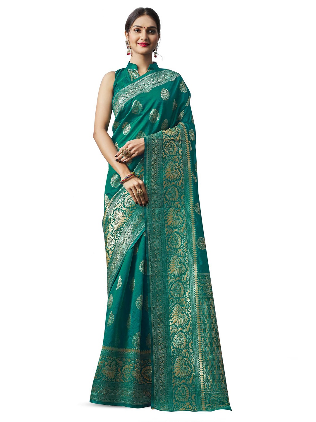 

LIMDO Ethnic Motifs Woven Design Pure Silk Banarasi Saree, Teal