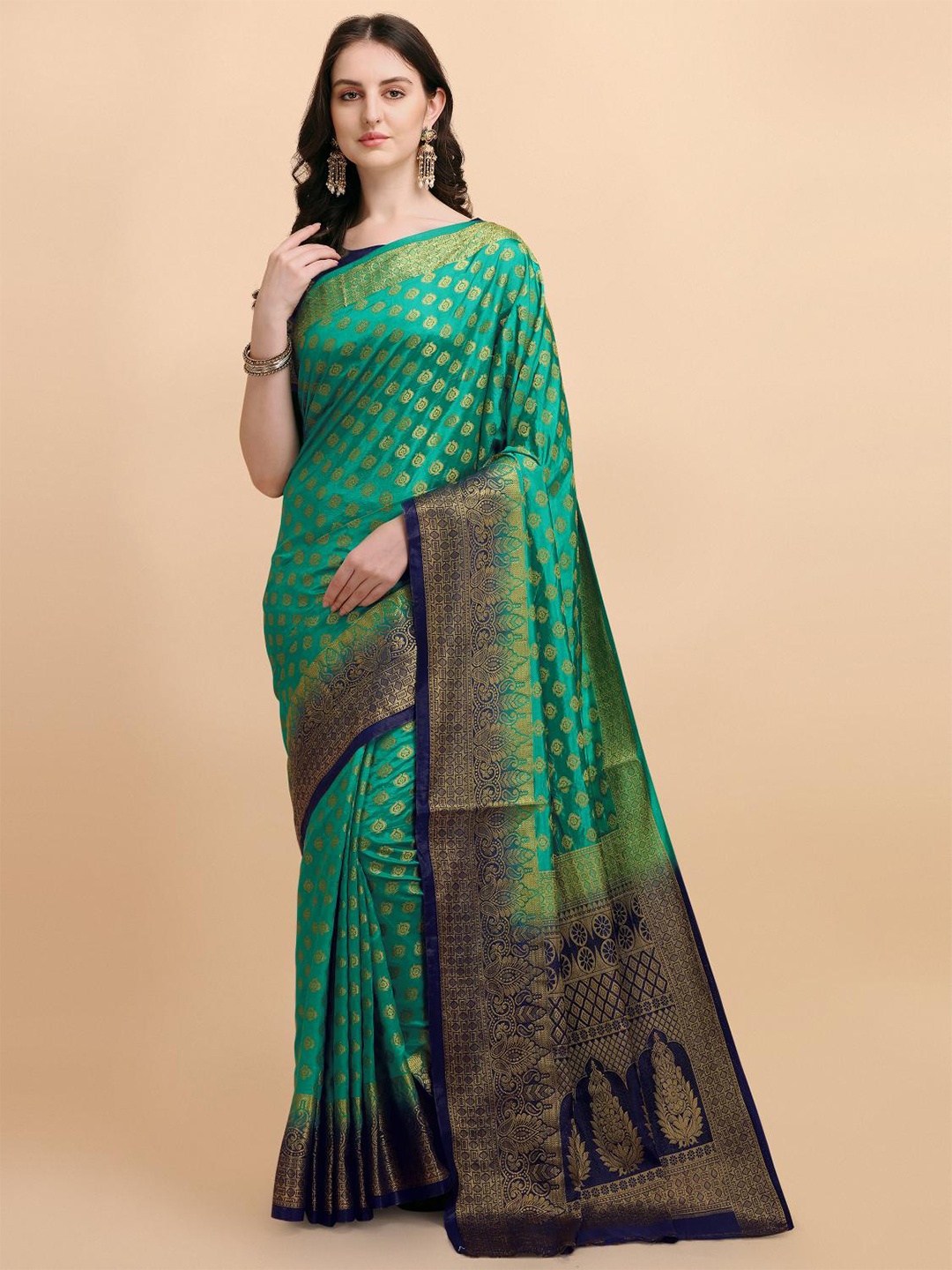 

LIMDO Ethnic Motifs Woven Design Pure Silk Banarasi Saree, Teal