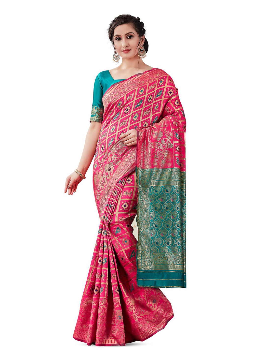 

LIMDO Ethnic Motifs Woven Design Pure Silk Banarasi Saree, Pink