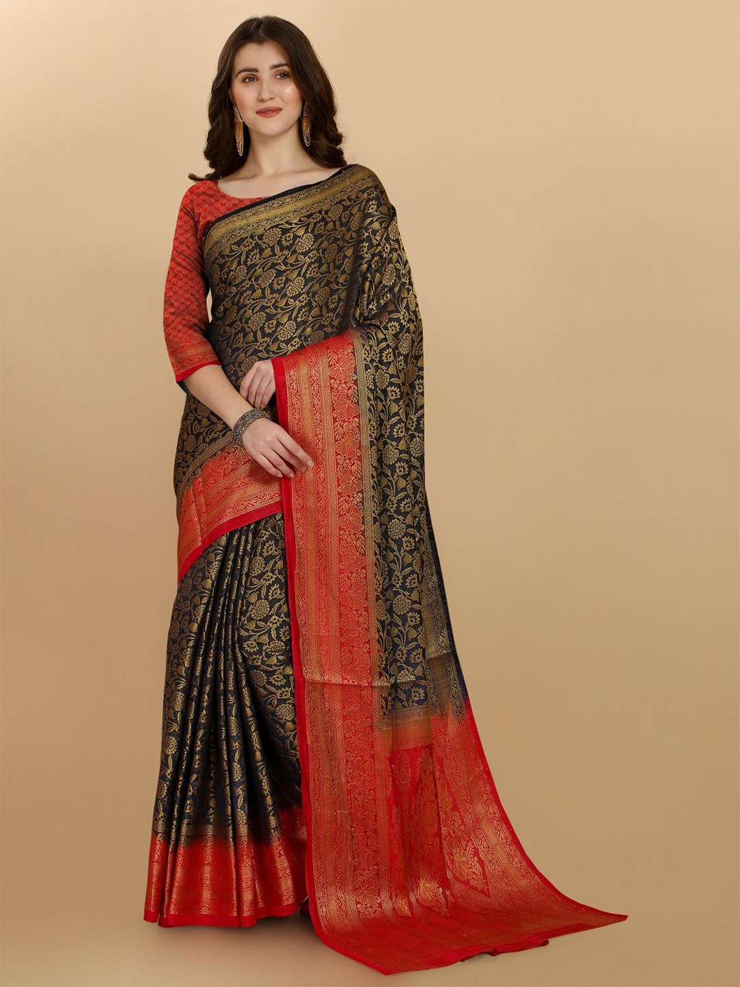 

LIMDO Ethnic Motifs Woven Design Pure Silk Banarasi Saree, Navy blue