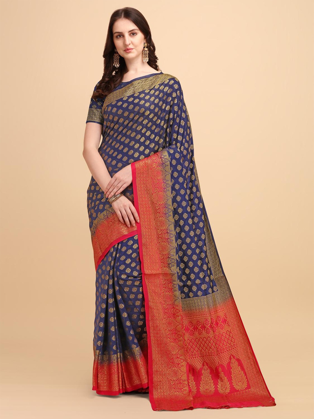 

LIMDO Ethnic Motifs Woven Design Pure Silk Banarasi Saree, Navy blue