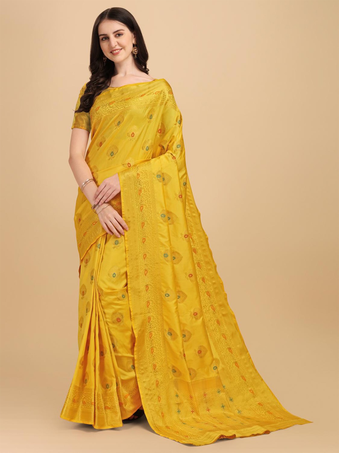 

LIMDO Ethnic Motifs Woven Design Pure Silk Banarasi Saree, Yellow