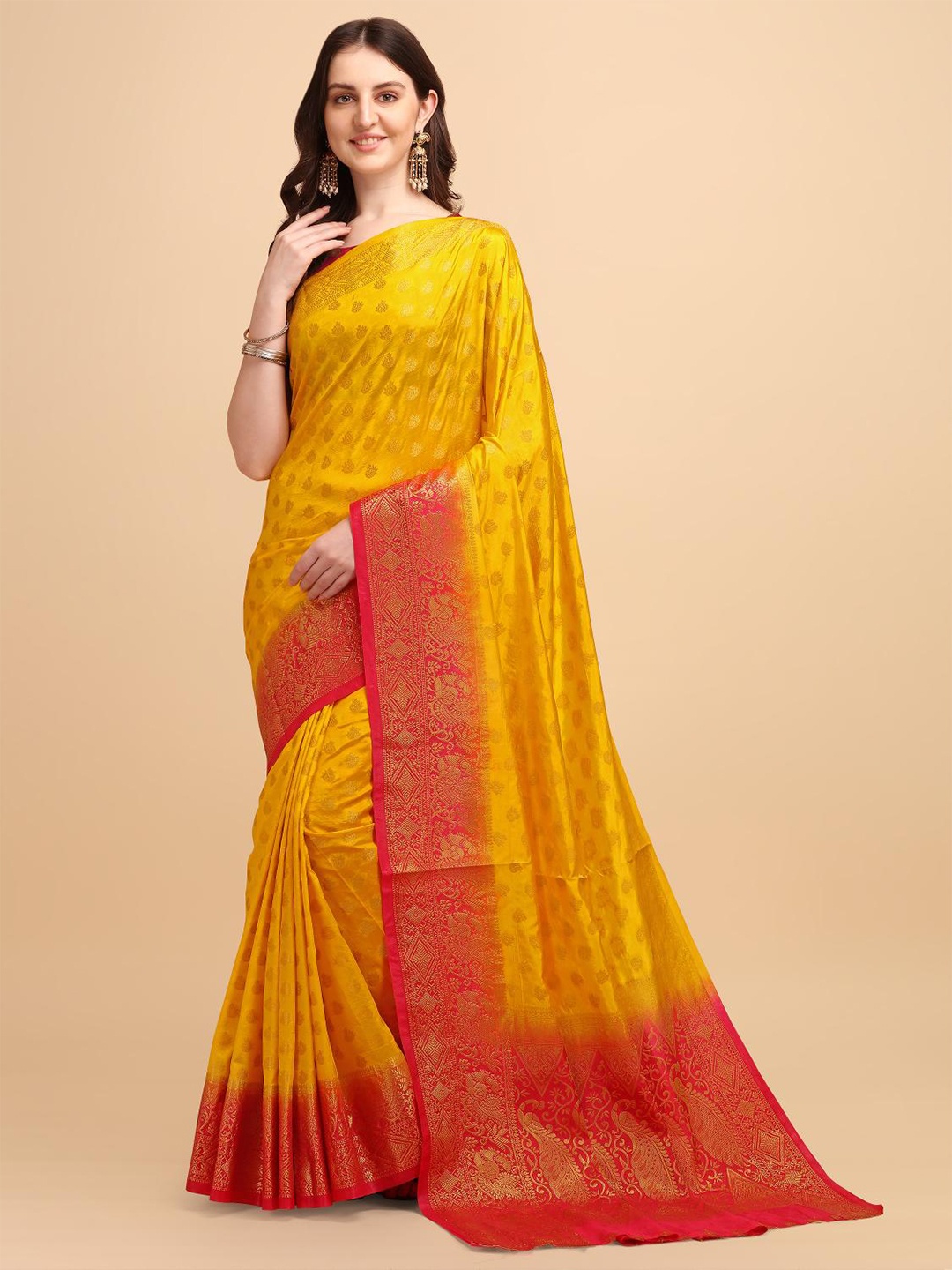 

LIMDO Ethnic Motifs Woven Design Pure Silk Banarasi Saree, Yellow