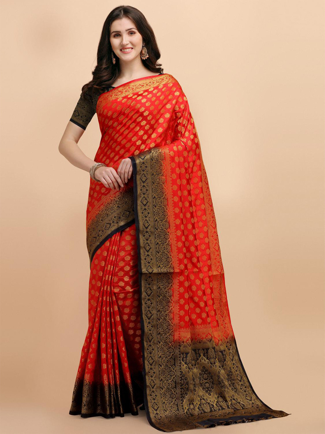 

LIMDO Ethnic Motifs Woven Design Pure Silk Banarasi Saree, Red