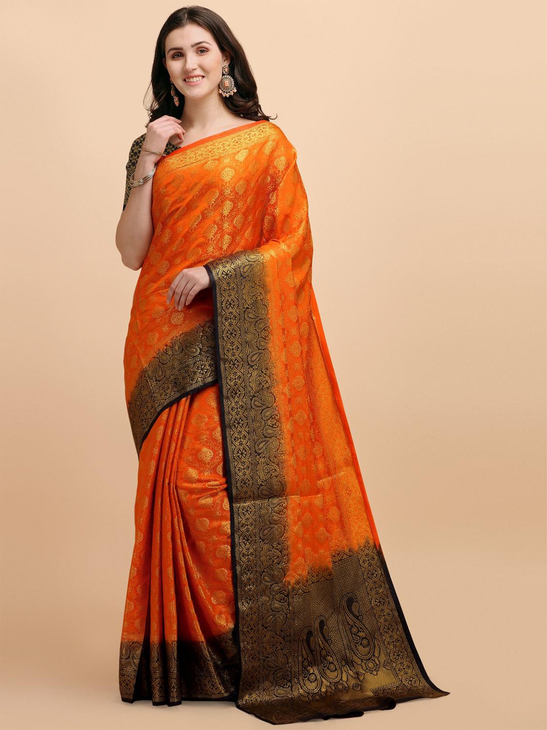 

LIMDO Ethnic Motifs Woven Design Pure Silk Banarasi Saree, Orange