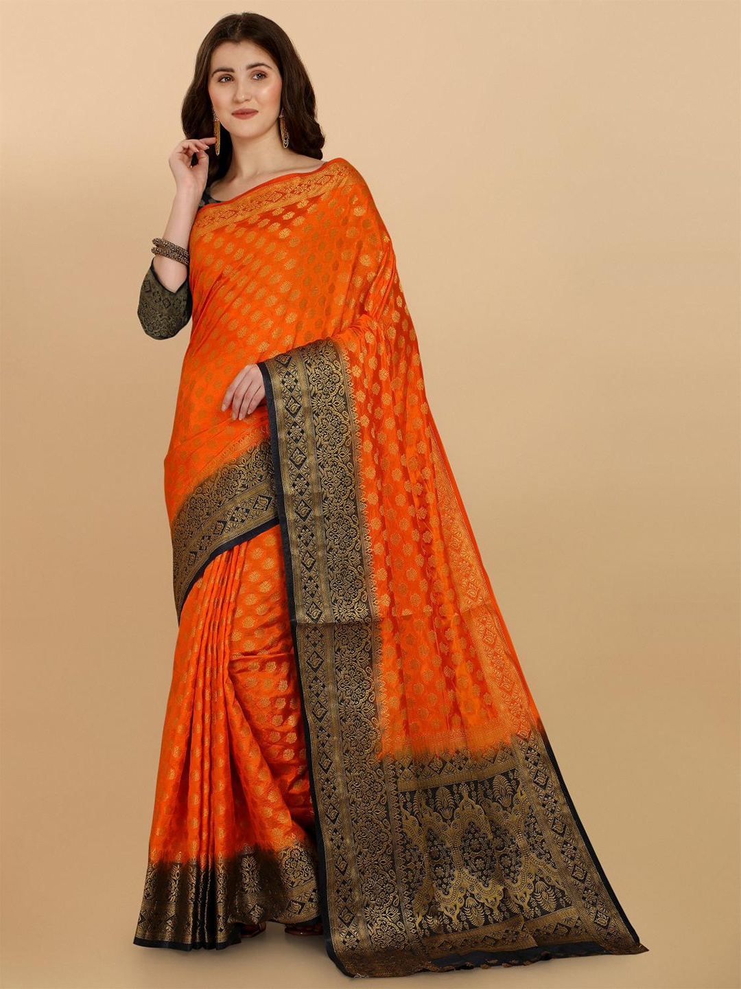 

LIMDO Ethnic Motifs Woven Design Pure Silk Banarasi Saree, Orange