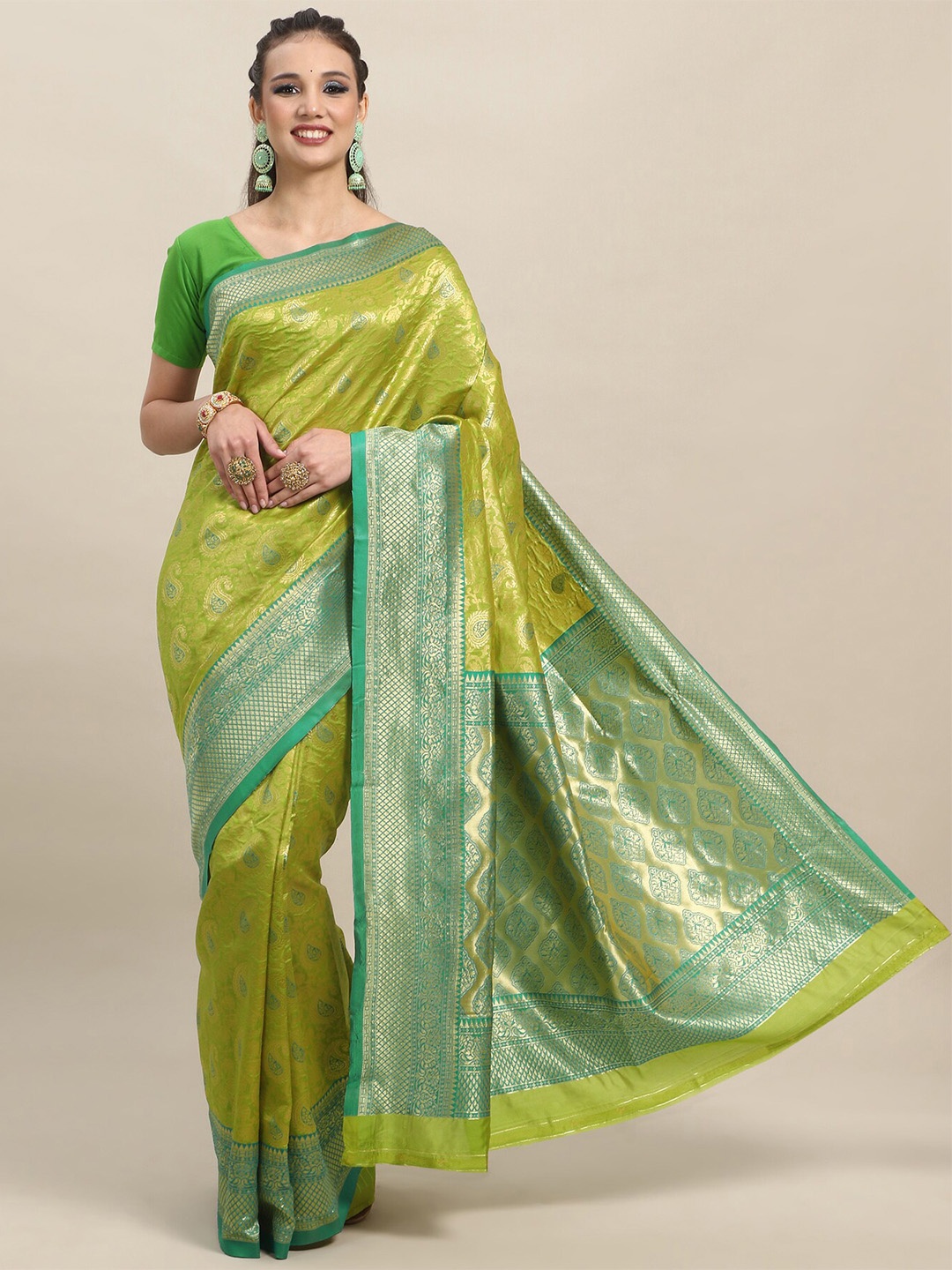 

LIMDO Ethnic Motifs Woven Design Pure Silk Banarasi Saree, Lime green