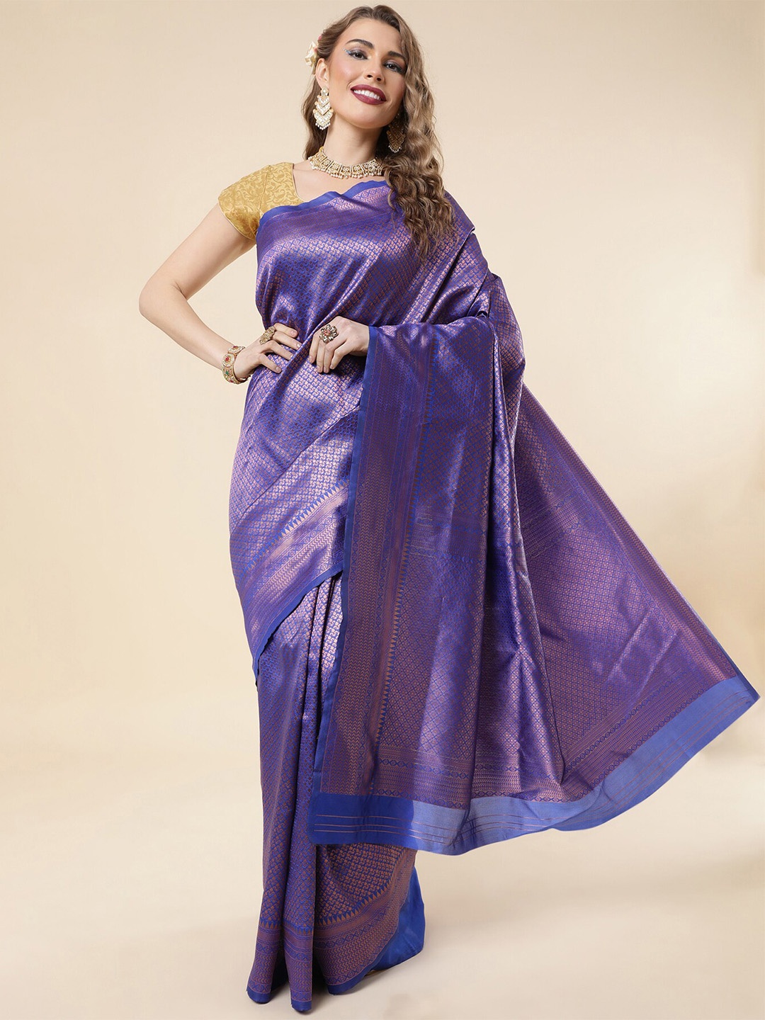 

LIMDO Blue Ethnic Woven Design Pure Silk Banarasi Saree