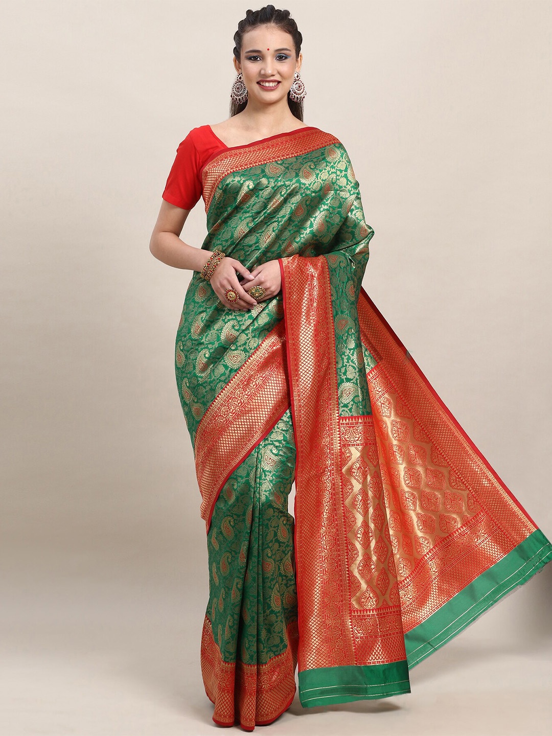 

LIMDO Green and Red Ethnic Woven Design Pure Silk Banarasi Saree