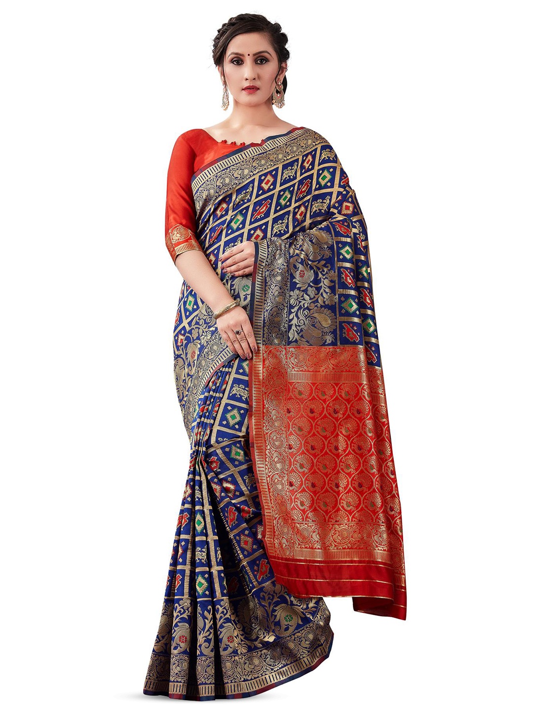 

LIMDO Navy Blue and Red Ethnic Woven Design Pure Silk Banarasi Saree
