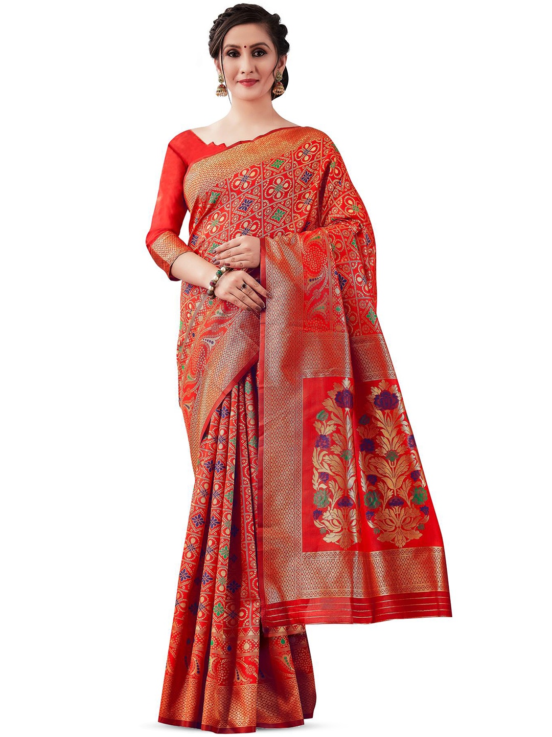 

LIMDO Red and Green Ethnic Woven Design Pure Silk Banarasi Saree
