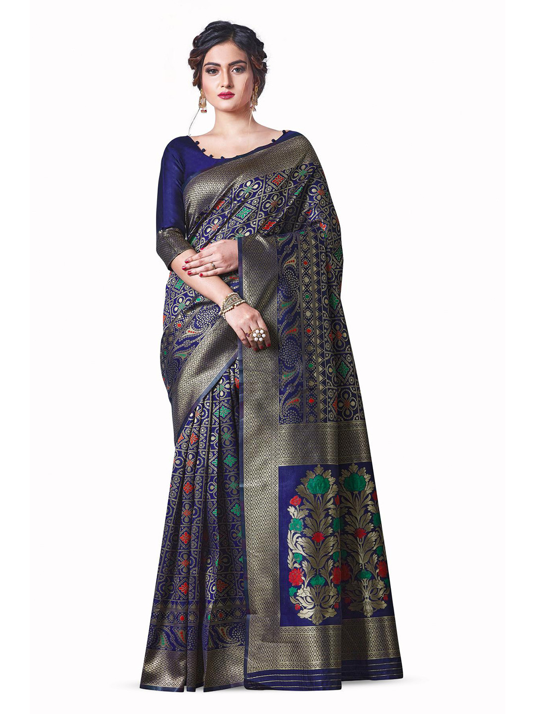 

LIMDO Navy Blue and GoldToned Ethnic Woven Design Pure Silk Banarasi Saree