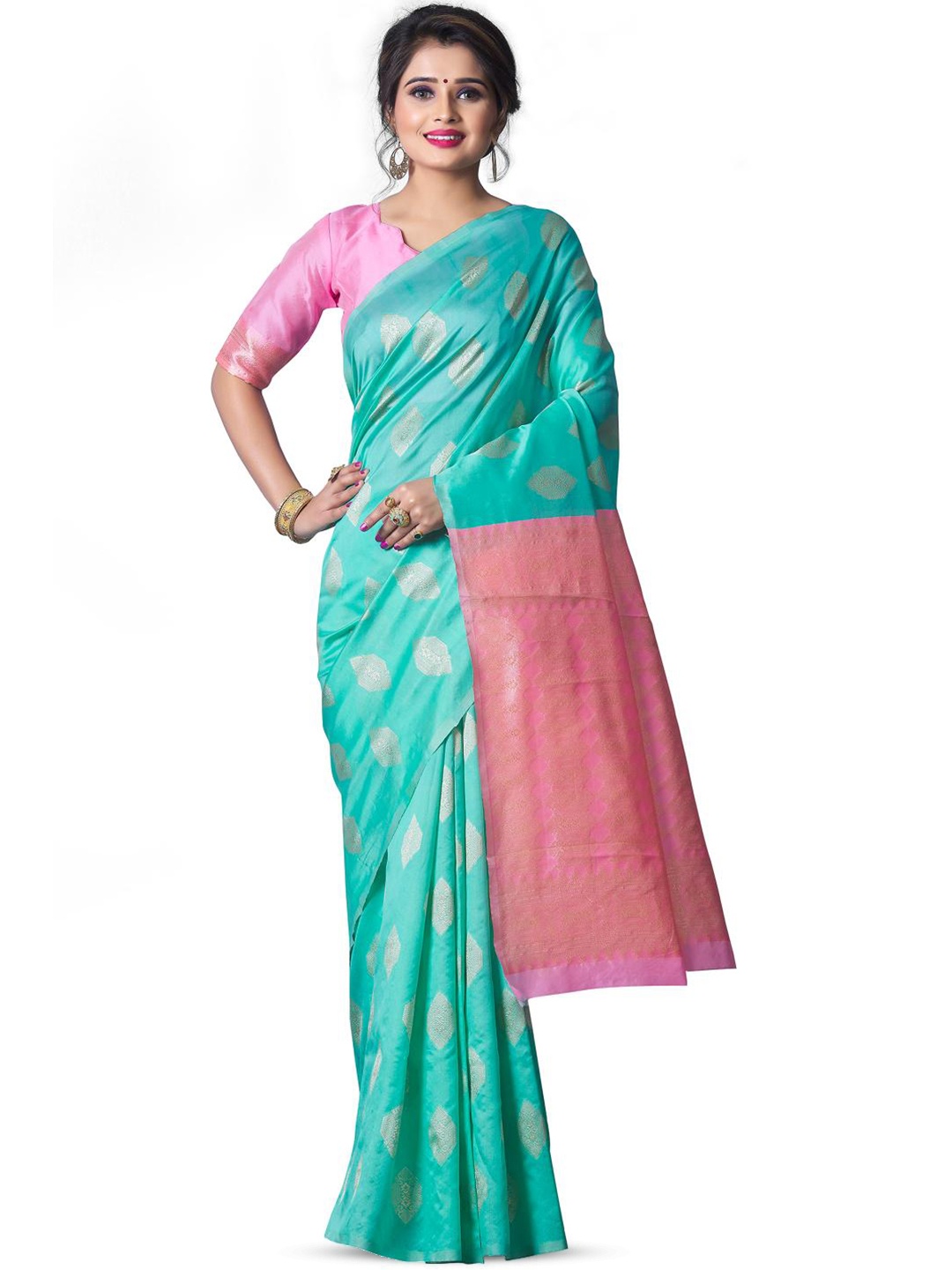 

LIMDO Teal Blue and Pink Ethnic Woven Design Pure Silk Banarasi Saree