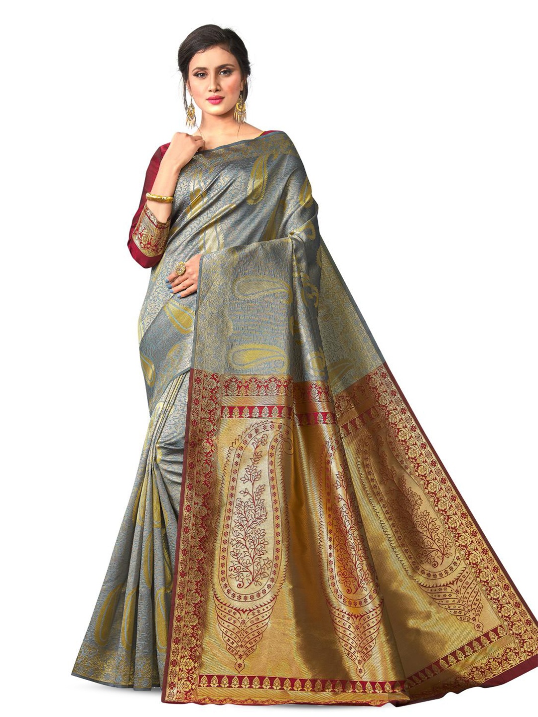 

LIMDO Grey and Red Ethnic Woven Design Pure Silk Banarasi Saree