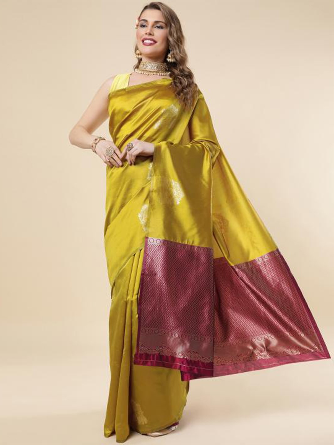 

LIMDO Ethnic Motifs Woven Design Pure Silk Zari Banarasi Saree, Mustard