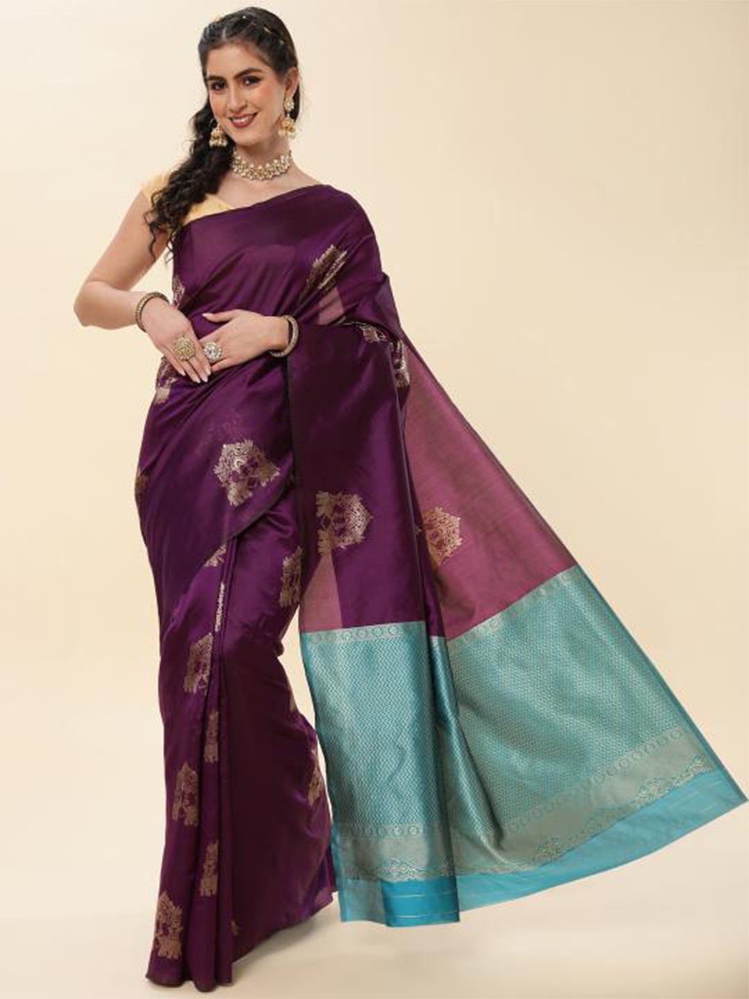

LIMDO Ethnic Motifs Woven Design Pure Silk Zari Banarasi Saree, Purple
