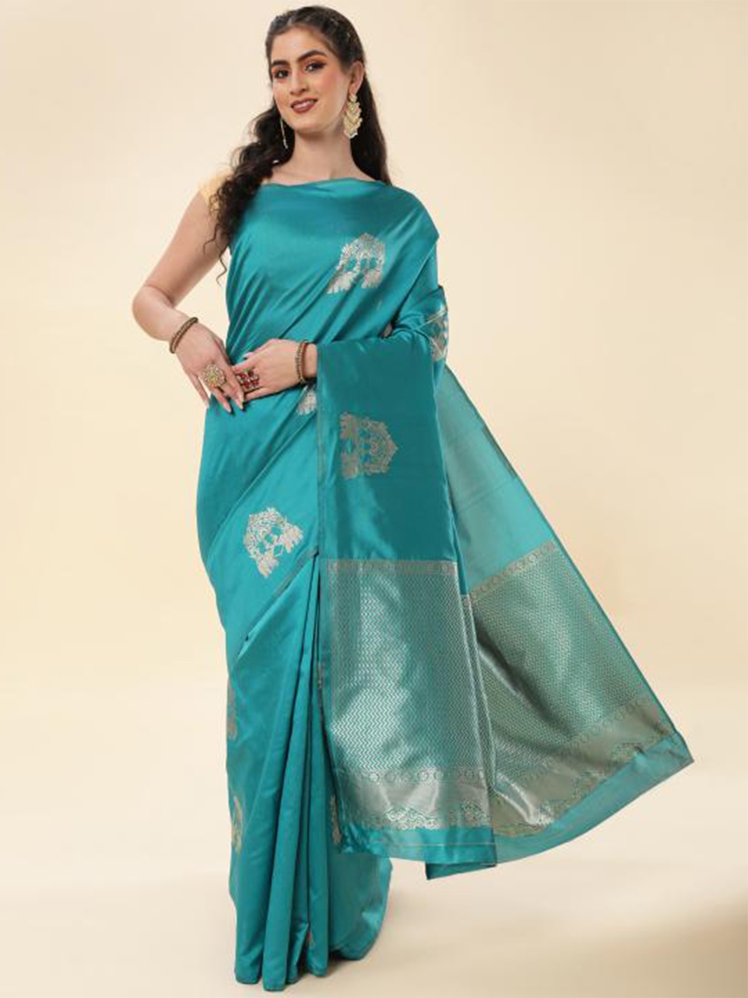 

LIMDO Ethnic Motifs Woven Design Zari Pure Silk Banarasi Saree, Sea green