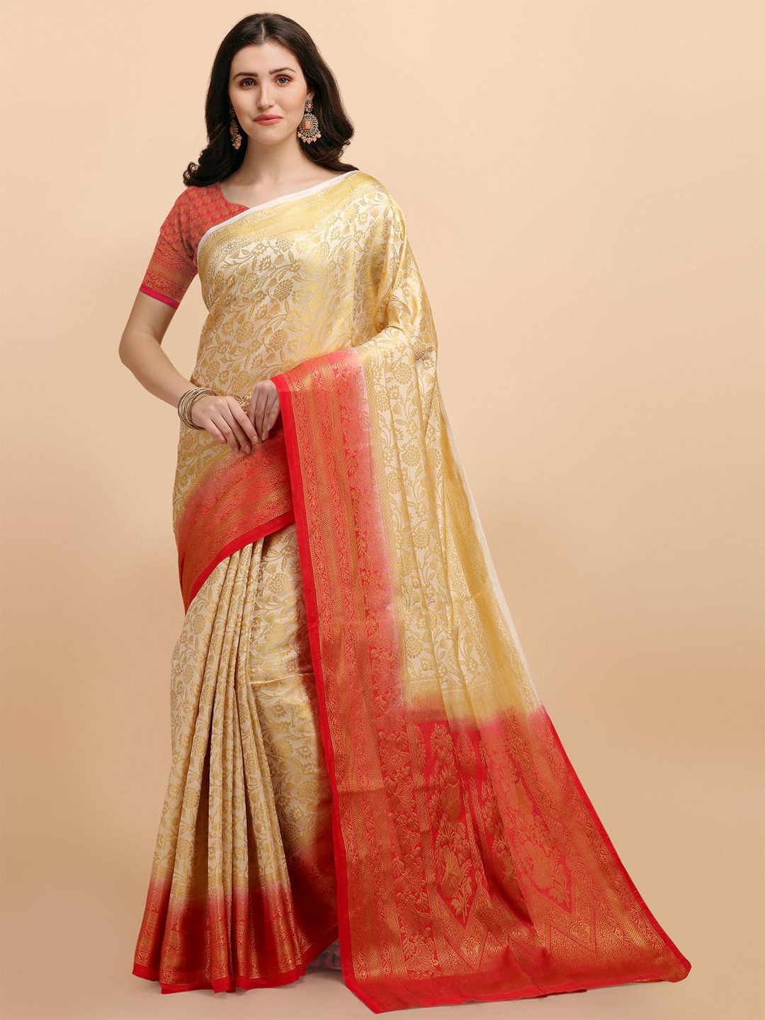 

LIMDO Floral Woven Design Zari Pure Silk Banarasi Saree, White