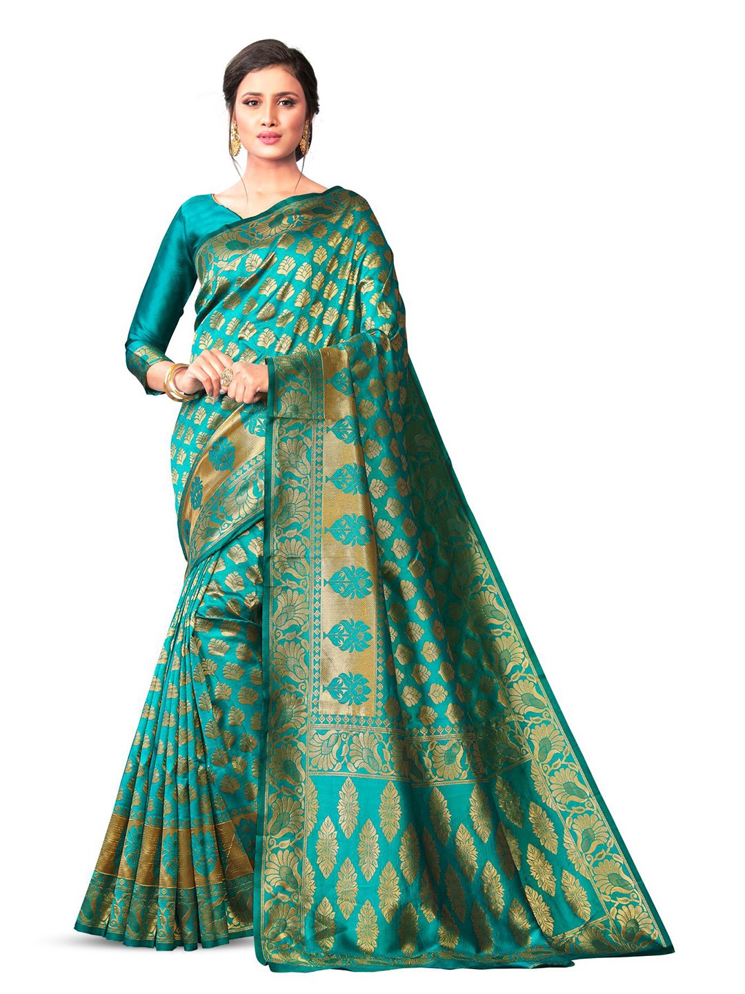 

LIMDO Ethnic Motifs Woven Design Zari Pure Silk Banarasi Saree, Teal