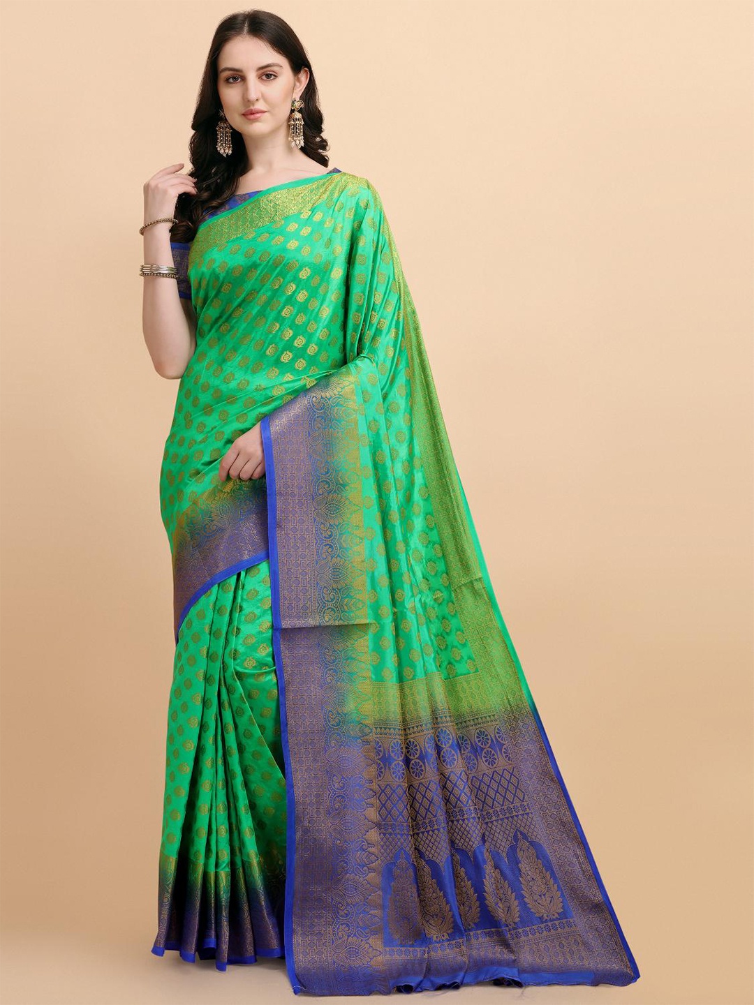 

LIMDO Ethnic Motifs Woven Design Pure Silk Zari Banarasi Saree, Lime green