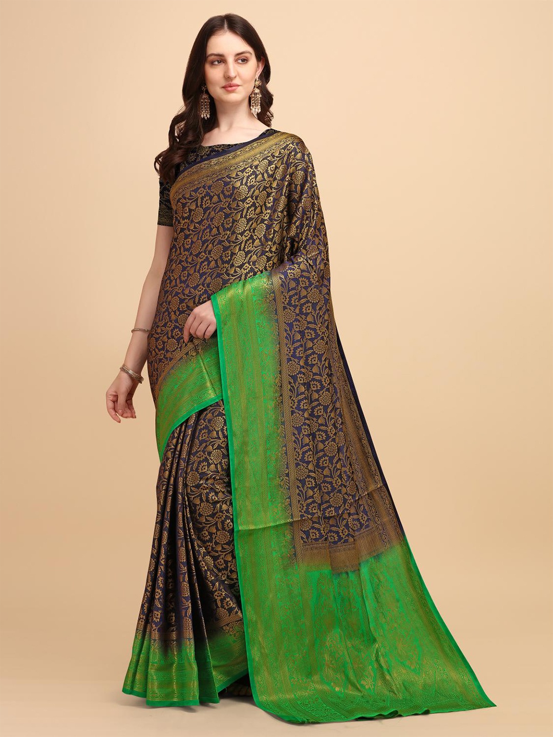 

LIMDO Ethnic Motifs Woven Design Pure Silk Zari Banarasi Saree, Lime green