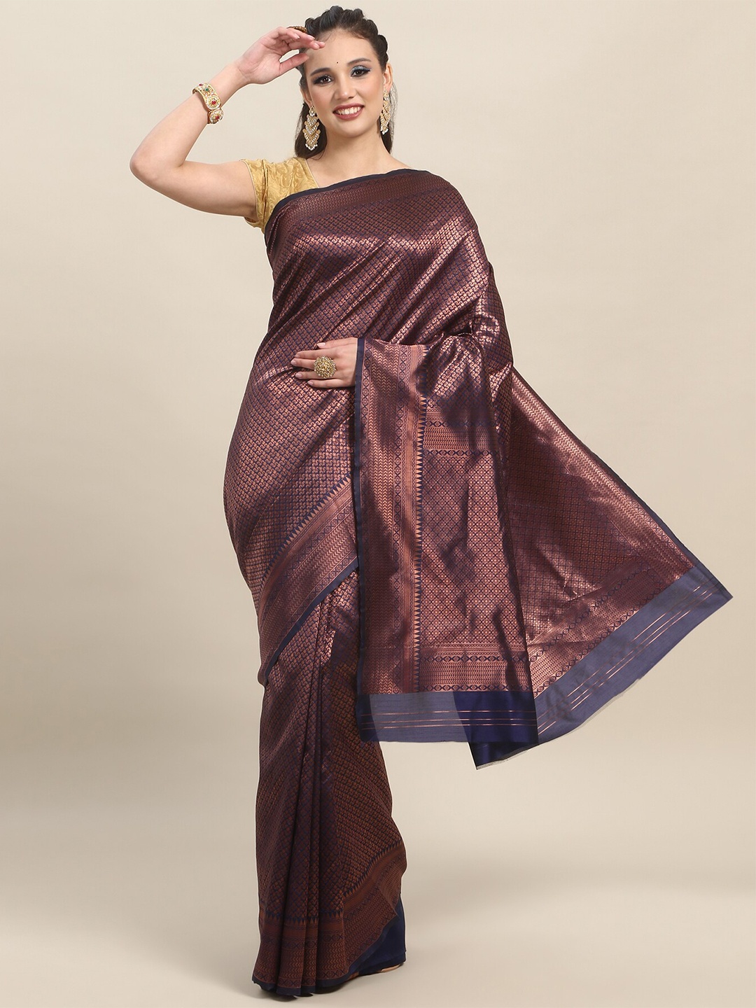 

LIMDO Ethnic Motifs Woven Design Zari Pure Silk Banarasi Saree, Navy blue
