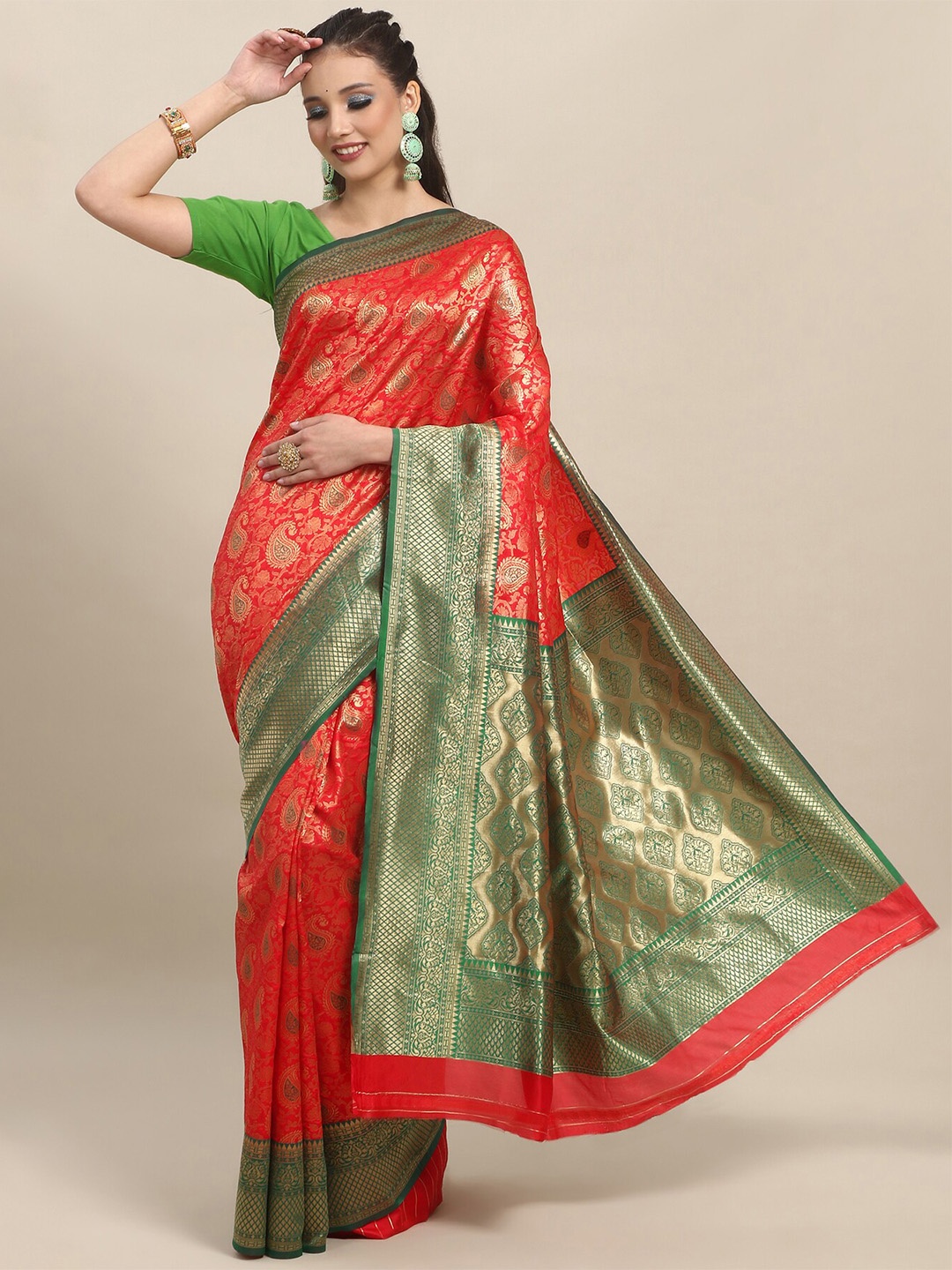 

LIMDO Ethnic Motifs Woven Design Zari Pure Silk Banarasi Saree, Red