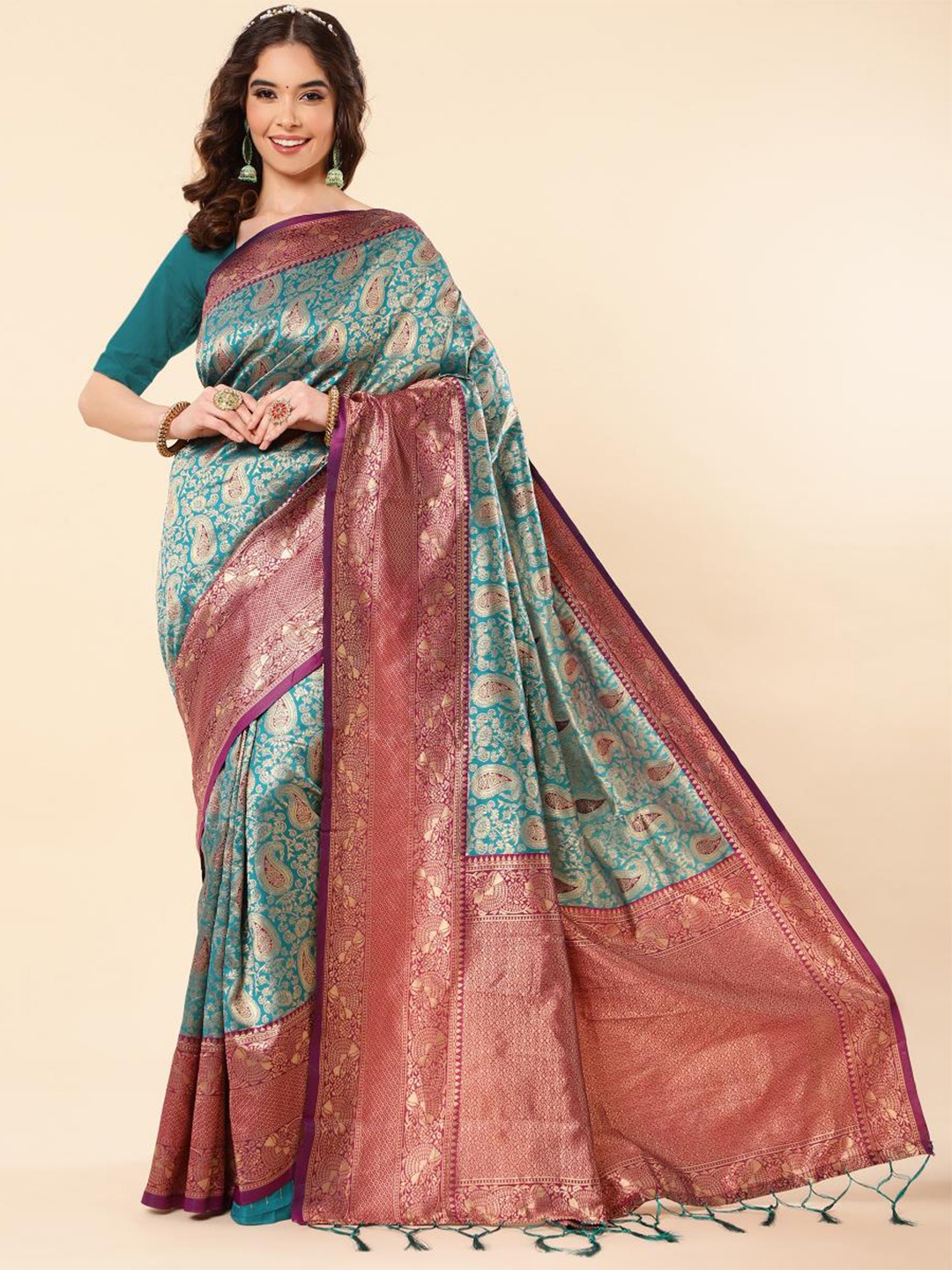 

LIMDO Ethnic Motifs Woven Design Zari Pure Silk Banarasi Saree, Blue