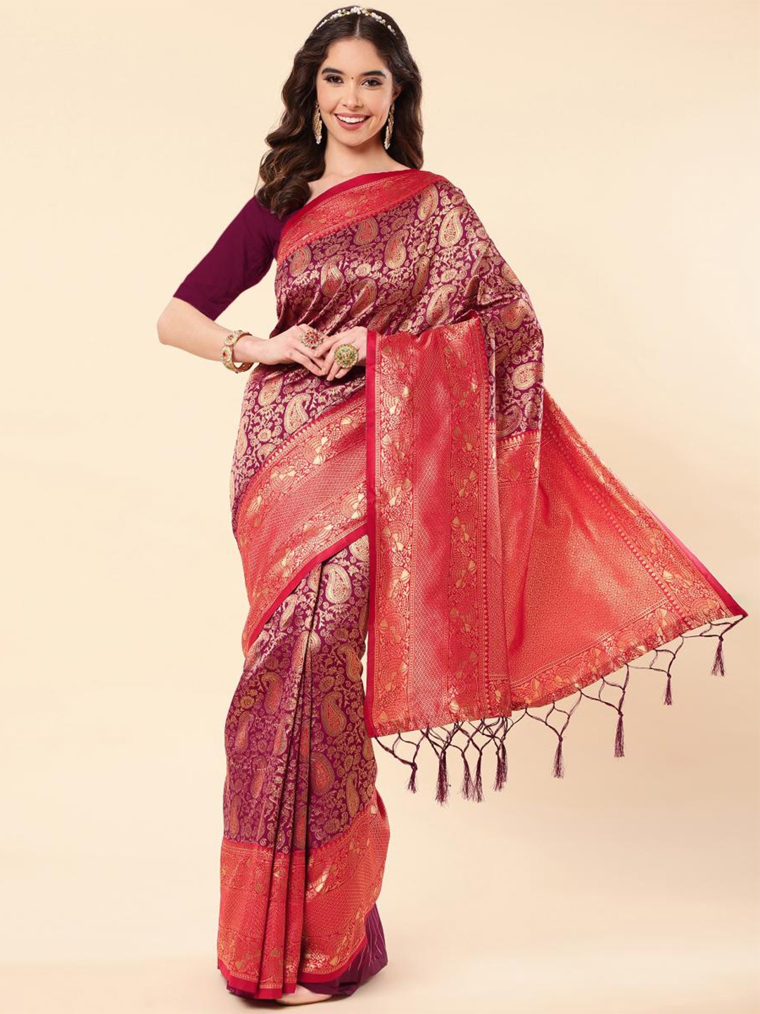 

LIMDO Paisley Woven Design Zari Pure Silk Banarasi Saree, Purple