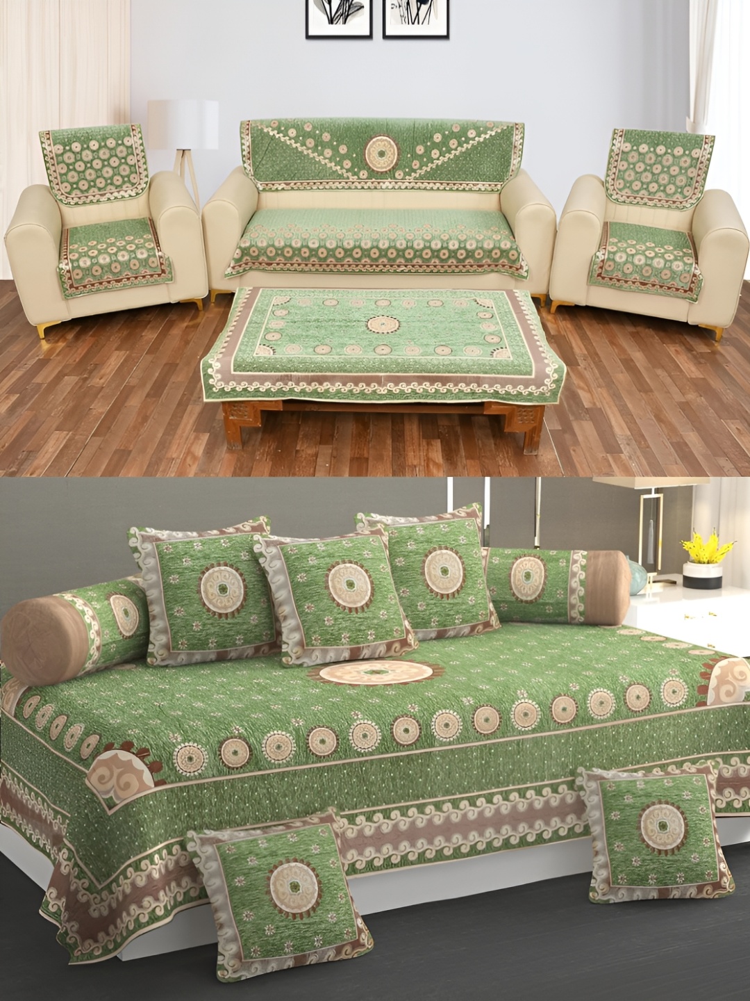 

Slushy Mushy Green & Brown 15 Pieces Self-Design Diwan Set