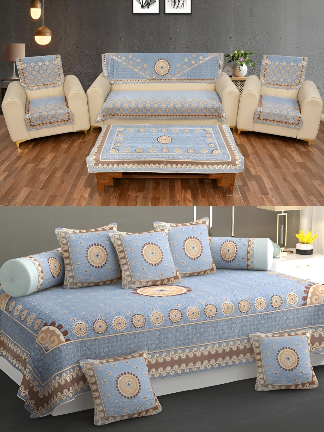 

Slushy Mushy Turquoise Blue 15 Pieces Jacquard Sofa Cover Set
