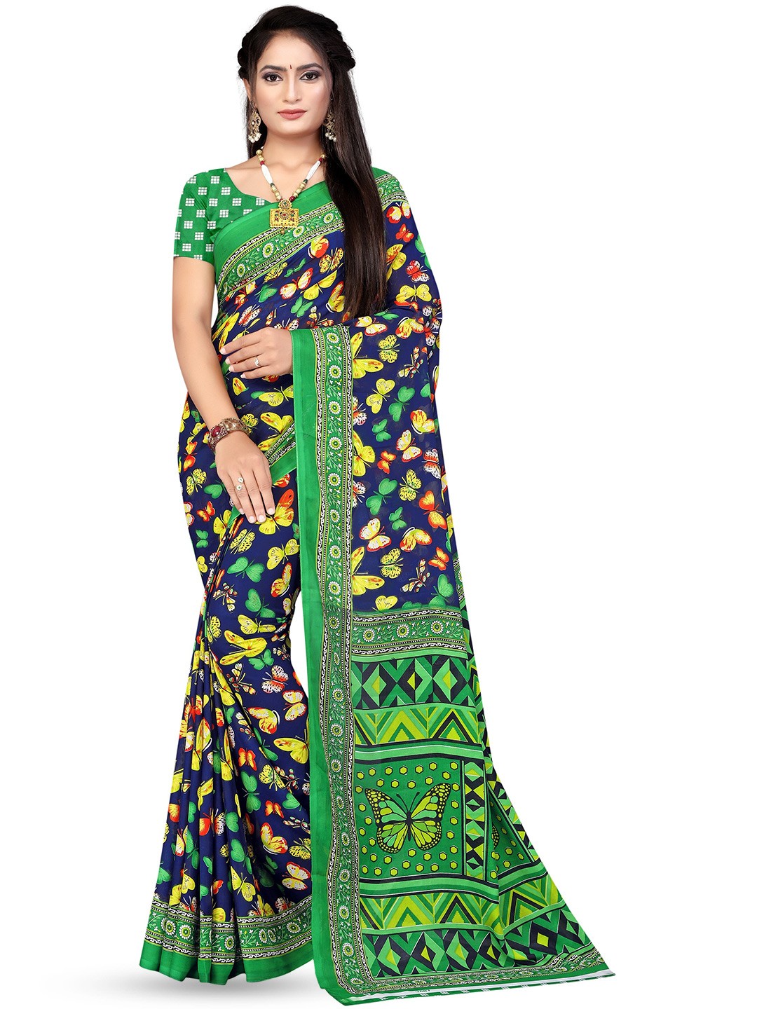 

Leelavati Floral Printed Saree, Navy blue