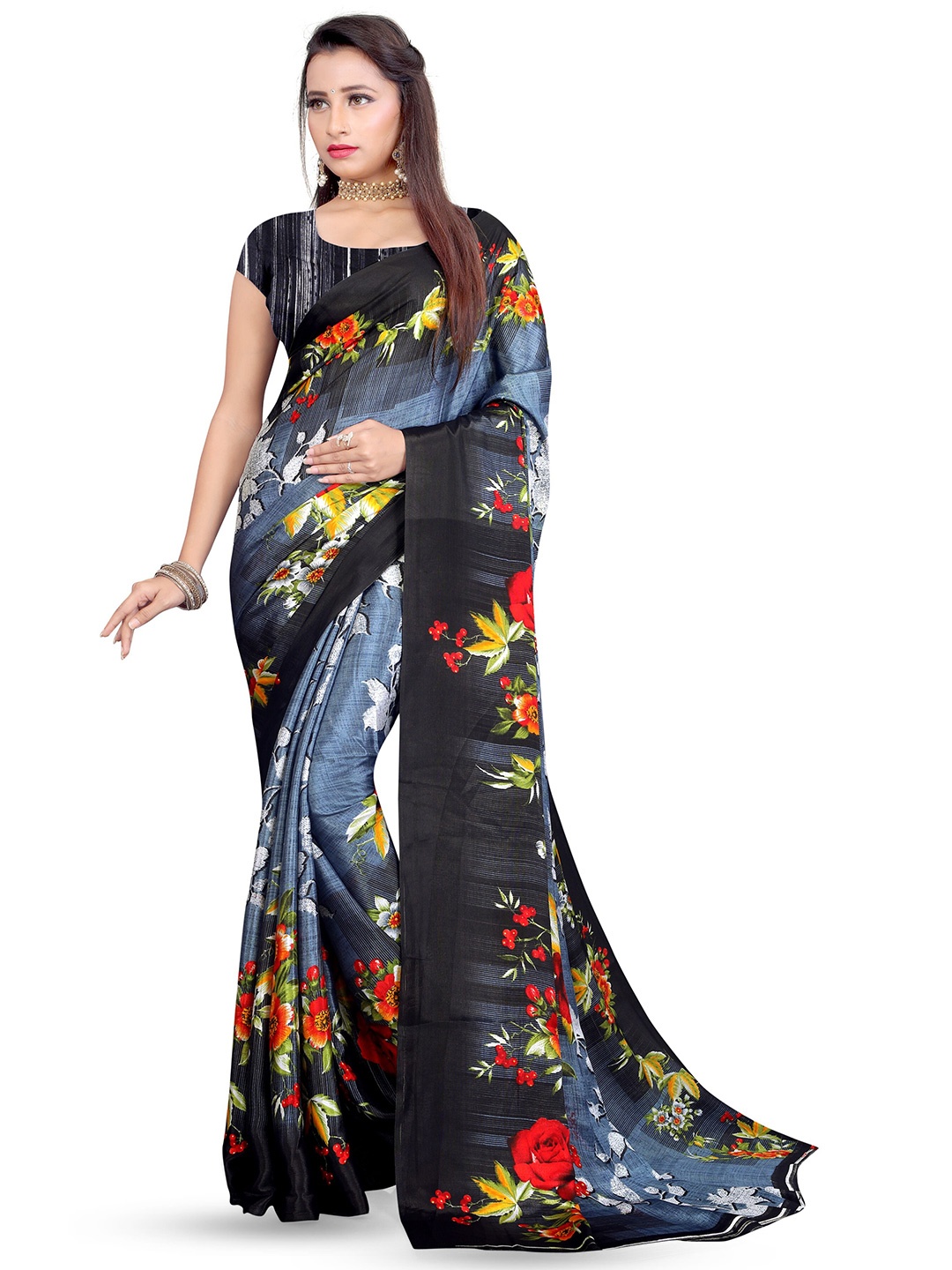 

Leelavati Floral Printed Saree, Black