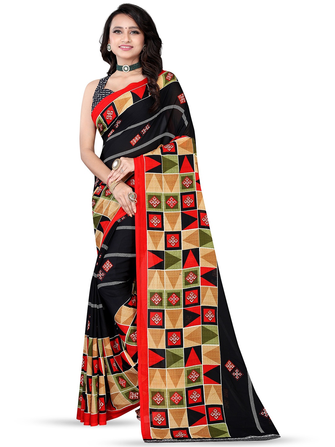 

Leelavati Geometric Printed Saree, Black