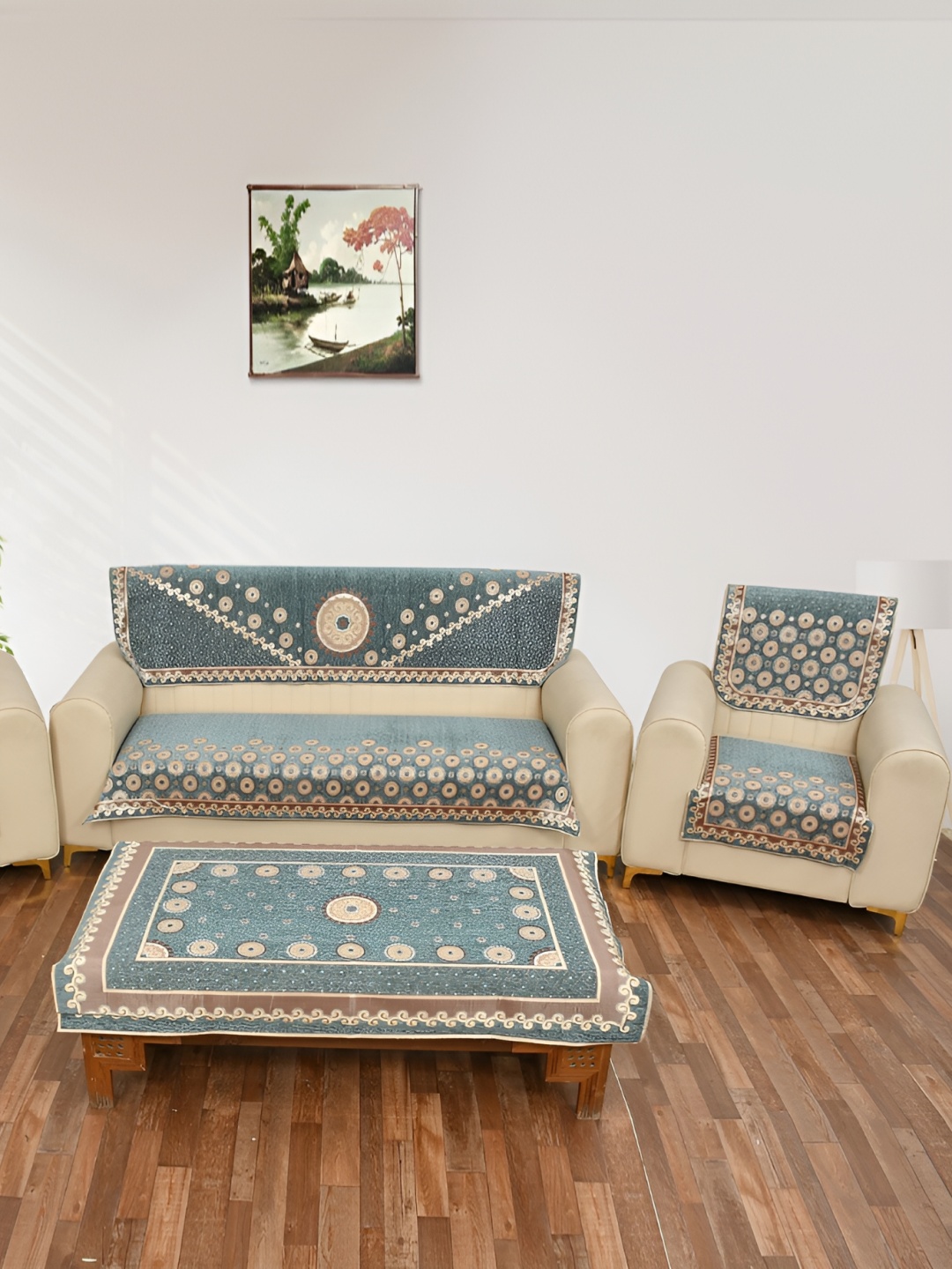 

Slushy Mushy Sea Green 7 Pieces Jacquard Sofa Cover Set