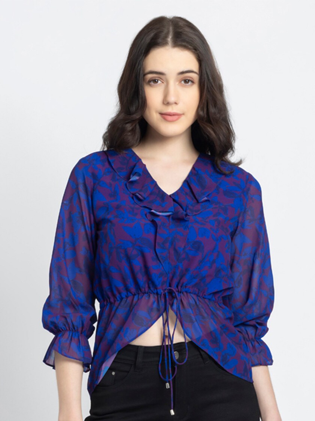 SHAYE V-neck Floral Print Georgette Top, Purple