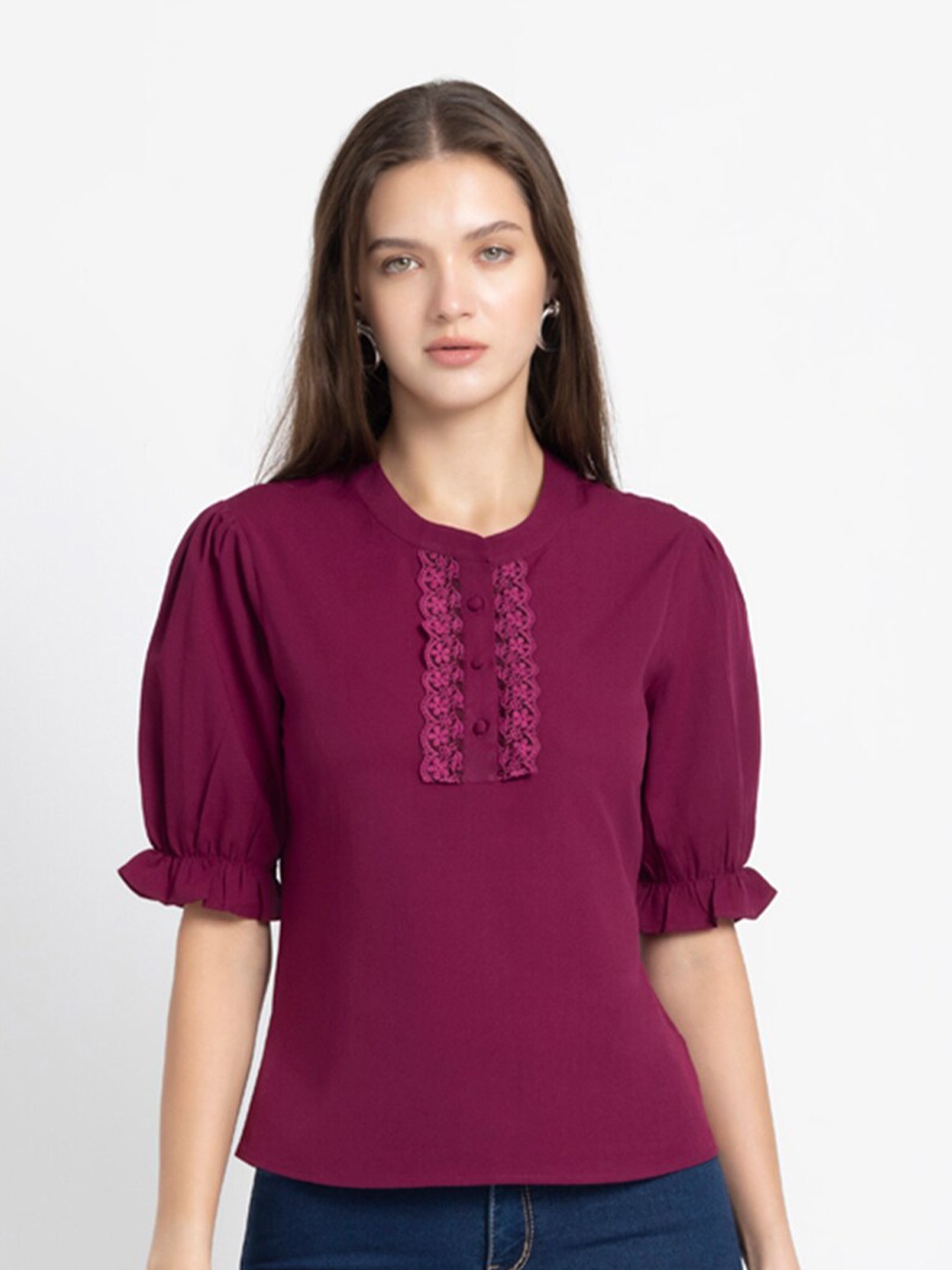 

SHAYE Puff Sleeve Casual Crepe Top, Burgundy