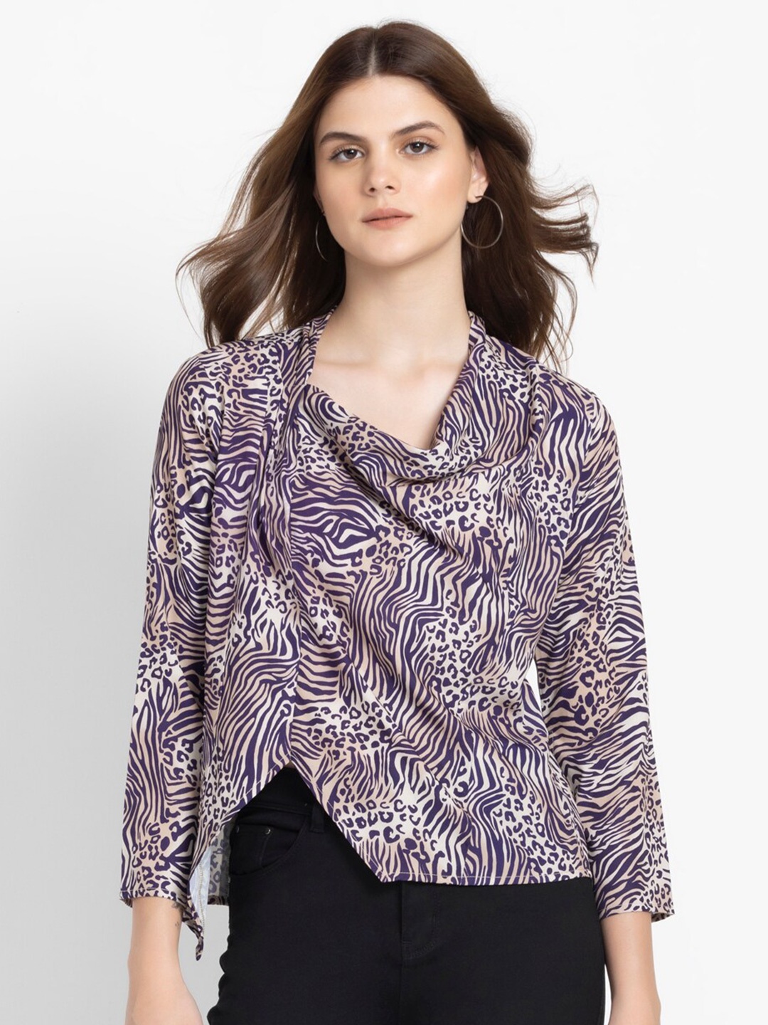

SHAYE Animal Print Cowl Neck Bell Sleeve Crepe High-Low Top, Beige