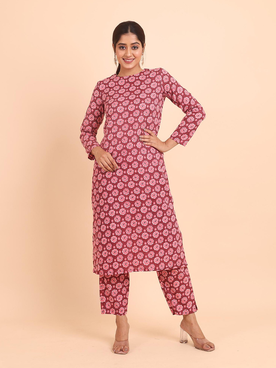 

Disli Floral Boat Neck Pure Cotton Kurta &Palazzos, Pink