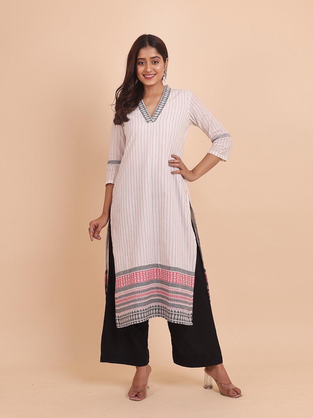 

Disli Striped V-Neck Pure Cotton Straight Kurta with Palazzos, White