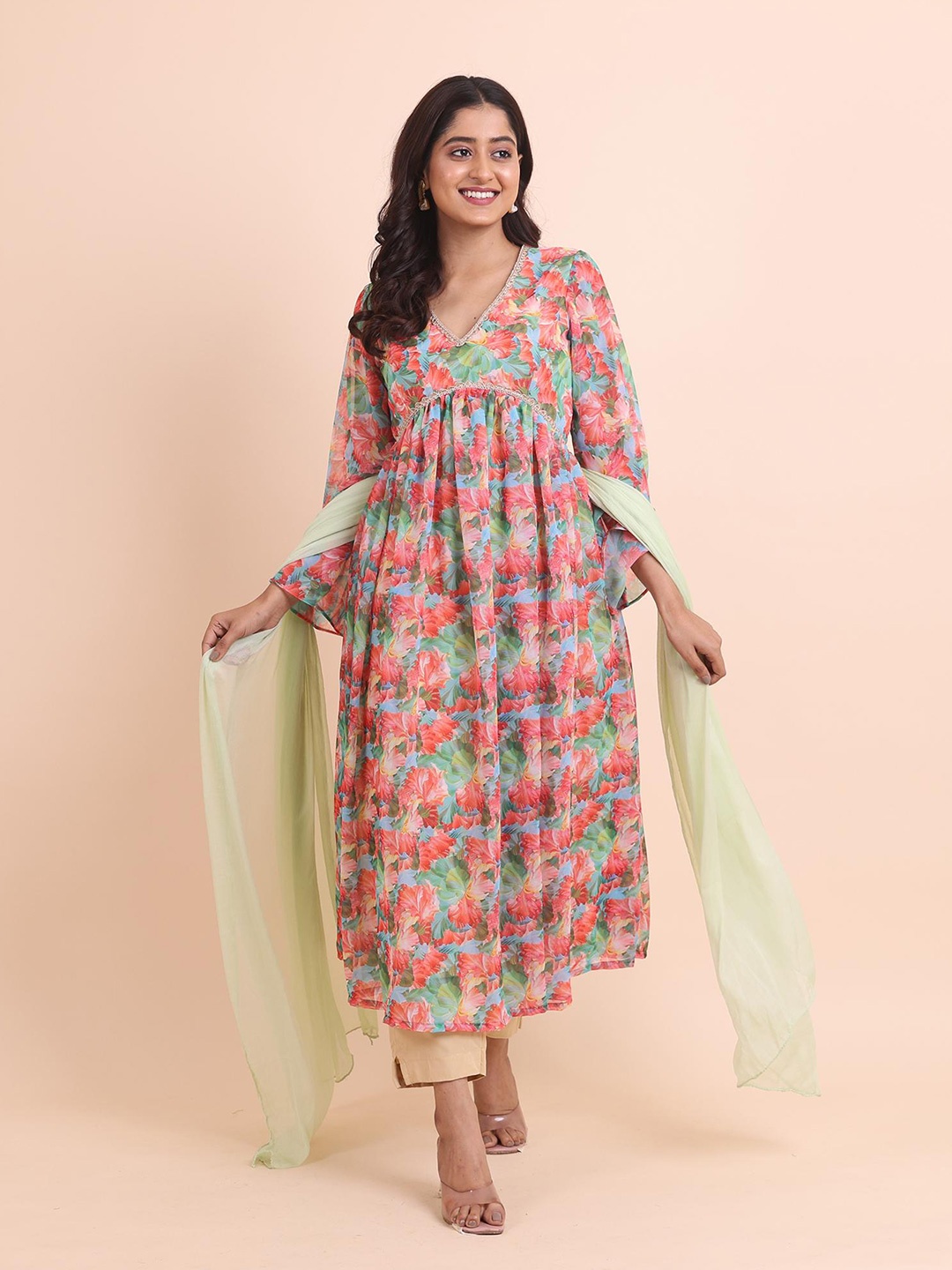 

Disli Ethnic Motifs Printed Regular V-Neck Empire Anarkali Kurta with Trousers & Dupatta, Pink