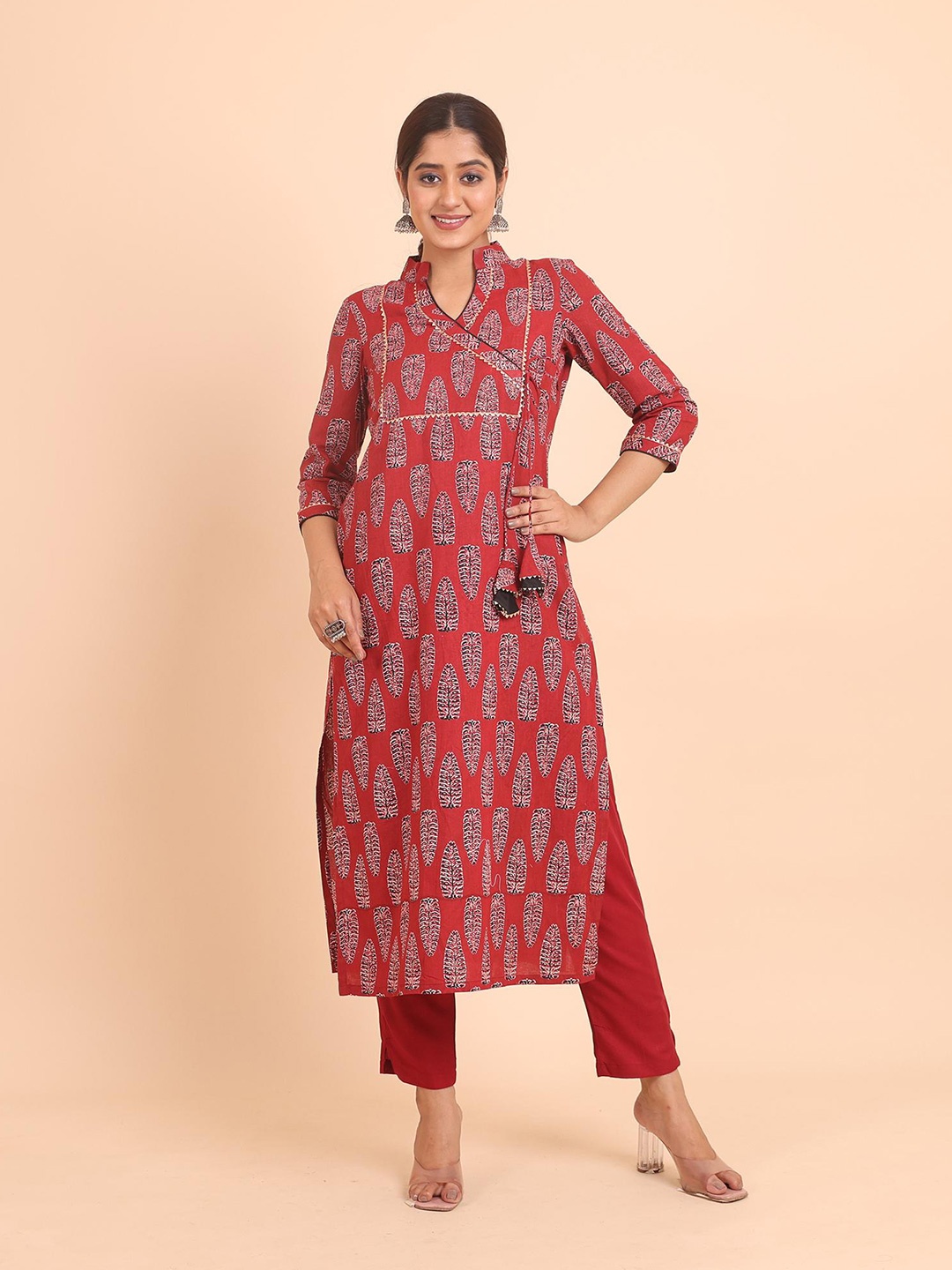 

Disli Ethnic Motifs Printed Regular Pure Cotton Angrakha Straight Kurta & Palazzos, Maroon