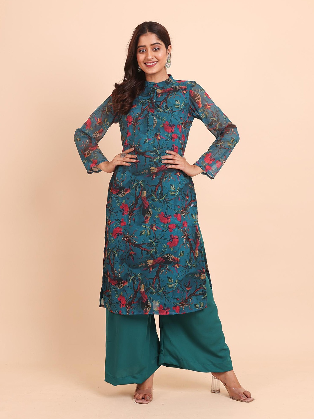 

Disli Floral Printed Regular Mandarin Collar Straight Kurta with Palazzos, Blue