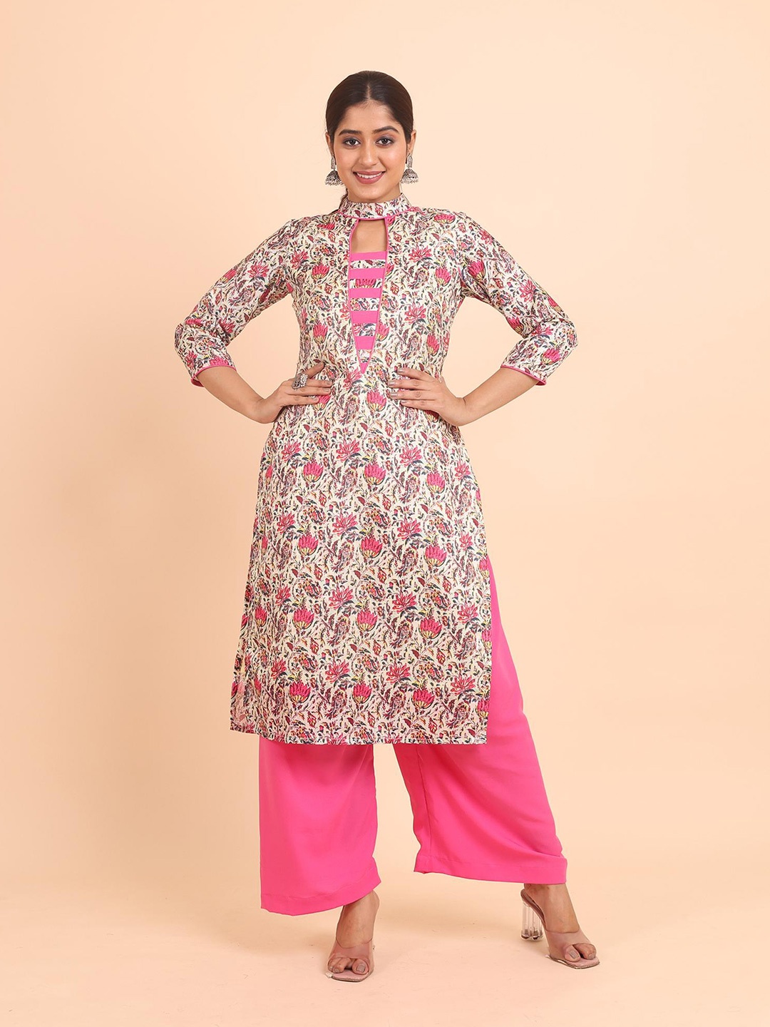 

Disli Floral Printed Regular Round Neck Straight Kurta with Palazzos, Cream