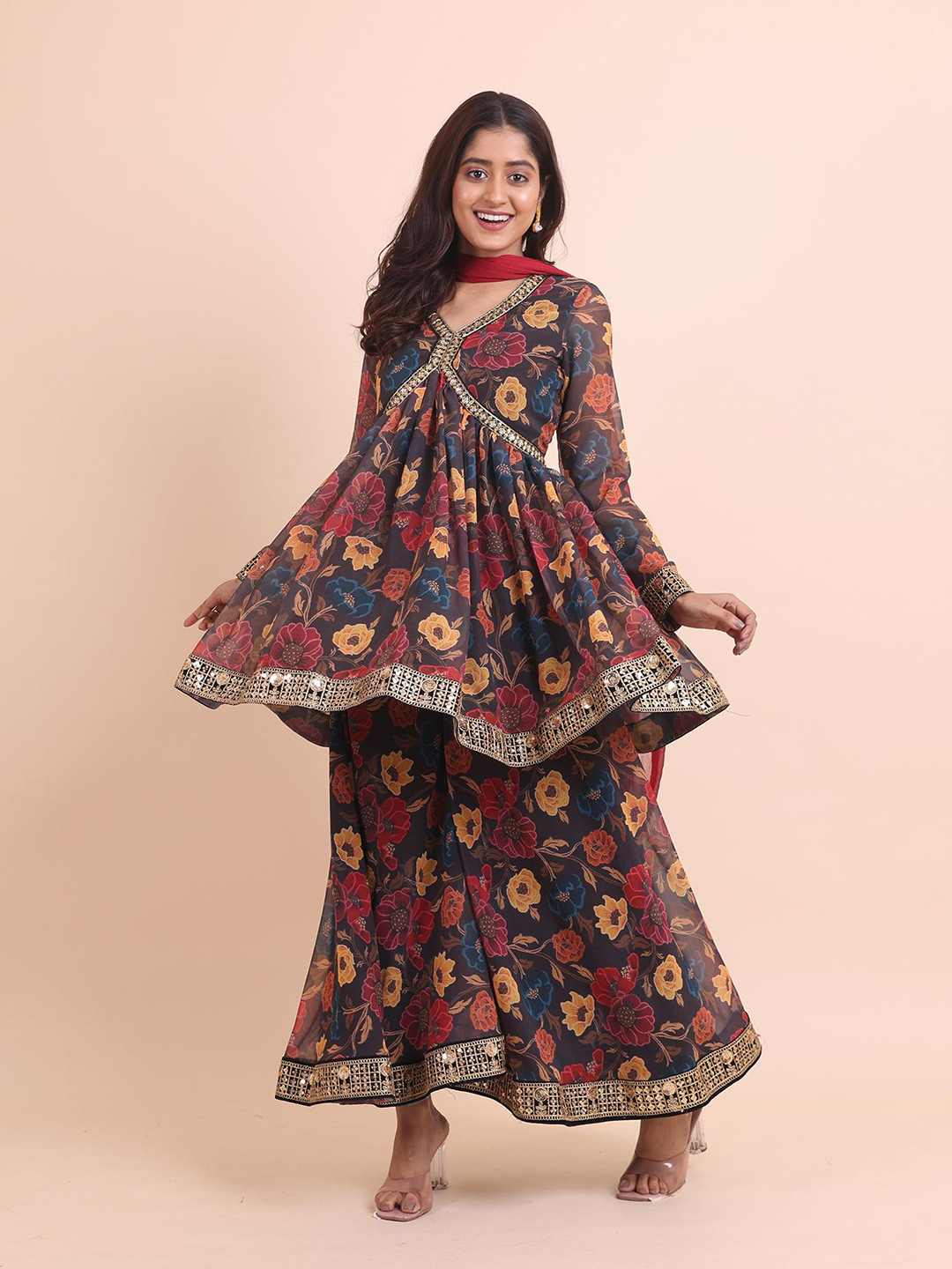 

Disli Floral Printed Regular Mirror Work Anarkali Kurta with Palazzos & Dupatta, Blue