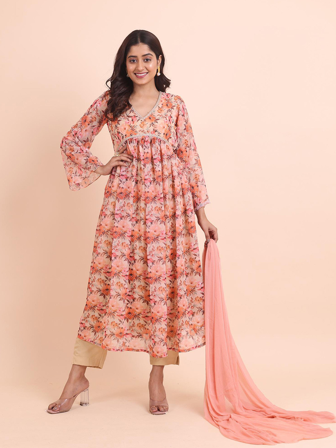 

Disli Floral Printed Regular Gotta Patti A-Line Kurta with Trousers & With Dupatta, Pink